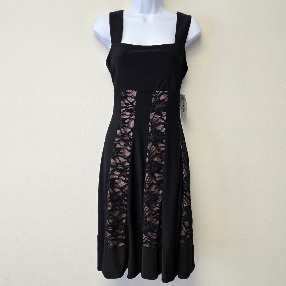 R & M Richards Sleeveless Fit and Flare Lace Dress Black Taupe L